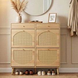 Rattan Front Shoe Cabinet 2 Drawers 4 Flip Compartments 105*24*110cm Particleboard Natural Wood Color for Organizing Your Fronttitle: default title