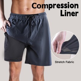 VEAGINS Mens Swim Trunks Swimming Shorts Quick Dry Swim Shorts Beach Short with Pockets and Compression Liner Grey