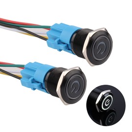 JIQI - 2 piezas impermeables de 12 V-24 V, interruptor pulsador momentáneo de 1 NO 1 NC, interruptor de botón LED, luz de metal negro con enchufe de alambre, interruptores industriales para coche,