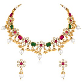 Aheli Gold Plated Red & Green Synthetic Stone & Pearl Studded Necklace & Drop Earrings Set Ethnic Fashion Jewellery Gift for Women