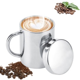 Tomotato Stainless Steel Coffee Cup, Double Wall Cup, Anti-scalding Coffee, Tea, Milk Cup with Lid Handle for Milk, Juice, Tea (220 ml)