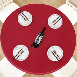 LUSHVIDA Round Waterproof Table Cover Elastic Vinyl Fitted Tablecloth Elastic Edged Plastic Table Cloth (Red, Best for Up to 36"-44" Round)