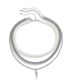 YERTTER Multi Layered Pearl Necklace Chunky Chain for Men Wing Pendants Set of 3 Thick Cable Curb Chain Adjustable Trendy Chain for Men Unisex(Style 5)