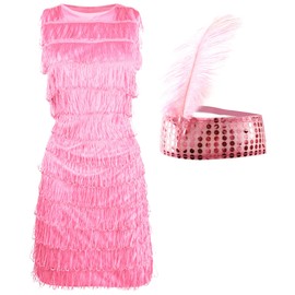 Pink Flapper Dress - X-Small - Ladies Flapper Fancy Dress Costume with Fringing - Matching Sequin Headband and Feather - 1920s Charleston Dress