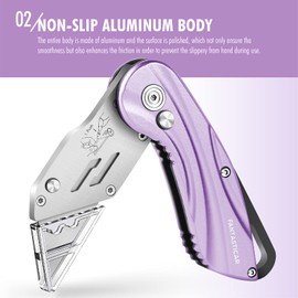 FantastiCAR Folding Box Cutter, Sturdy Metal Utility Knife with Extra 5 Blades, Quick Blade Change, and Preminium Gift Packaging, for Cardboard Opener, Paper Cutter (Purple Line)