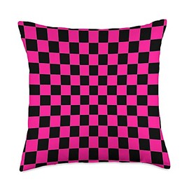 Hot Pink and Black Checkered Checkerboard Pattern Throw Pillow