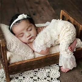 Lgvhydh Newborn Photography Outfits Girl Newborn Photography Props Newborn Girl Lace Romper Headress Infant Princess Costume (Light yellow)