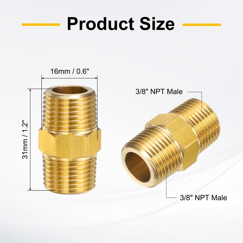 sourcing map 2pcs Brass Pipe Fitting 3/8" NPT x 3/8"