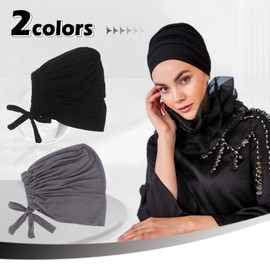 Turban Women's Undercap Hijab Underscarf Hijab, Women Muslim Headscarf Beanie, Islamic Muslim Hijab Cap with Tie Back Solid Colour Hijab Hat Sleep Cap Headscarf Chemo, Black + Dark Grey