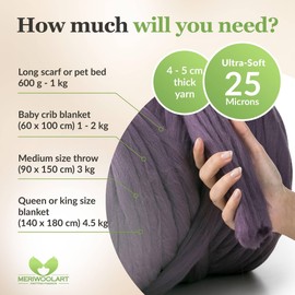 MeriWoolArt® 100% XXL Merino Wool Yarn, 4 - 5 cm Thick Wool Yarn, Felting Wool Dry Felting, Wet Felting, DIY Wool Yarn Blanket, Baby Wool, Arm Knitting Blanket Yarn, Powder Purple, 25 g