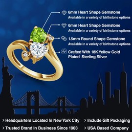 Gem Stone King 18K Yellow Gold Plated Silver Green Peridot White Moissanite Ring For Women (1.60 Cttw, Heart Shape 6MM, Gemstone August Birthstone, Available In Size 5, 6, 7, 8, 9)