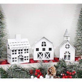 AuldHome Farmhouse Christmas Village Collection #2 with Church, Barn and School (Set of 3, White); Candle Lantern Decorative Christmas Town Display