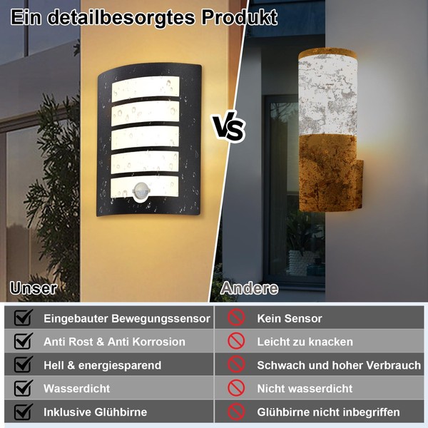 Allesgute Aussenlampe mit Bewegungsmelder E27 Wandlampe IP44 Eckig Au?enlampe Schwarz