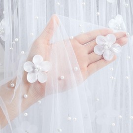 3D White Flower Pearl Tulle Fabric 3 Yard DIY Crafts Sheer Mesh Fabric for Romantic Wedding Table Decorations Wedding Clothes