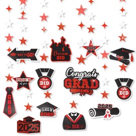 Yaomiao 12 Pcs Graduation Garland Garland 2025 Red Graduation Cap Star Congrats Grad Banner Pre-Assemble Hanging Streamers Backdrop for High School College Grad Party Supplies