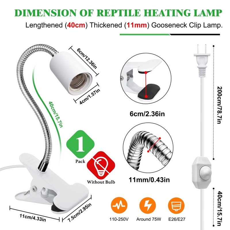 Reptile Heat Lamp,Tortoise Heat Lamp with 40CM Lengthened Gooseneck,Grow Light