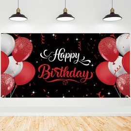 Roetyce Happy Birthday Banner Women Men, Black and Red Birthday Backdrop Sign for Girls Boys Bday Party Photo Background 5.9 x 2.9 Ft