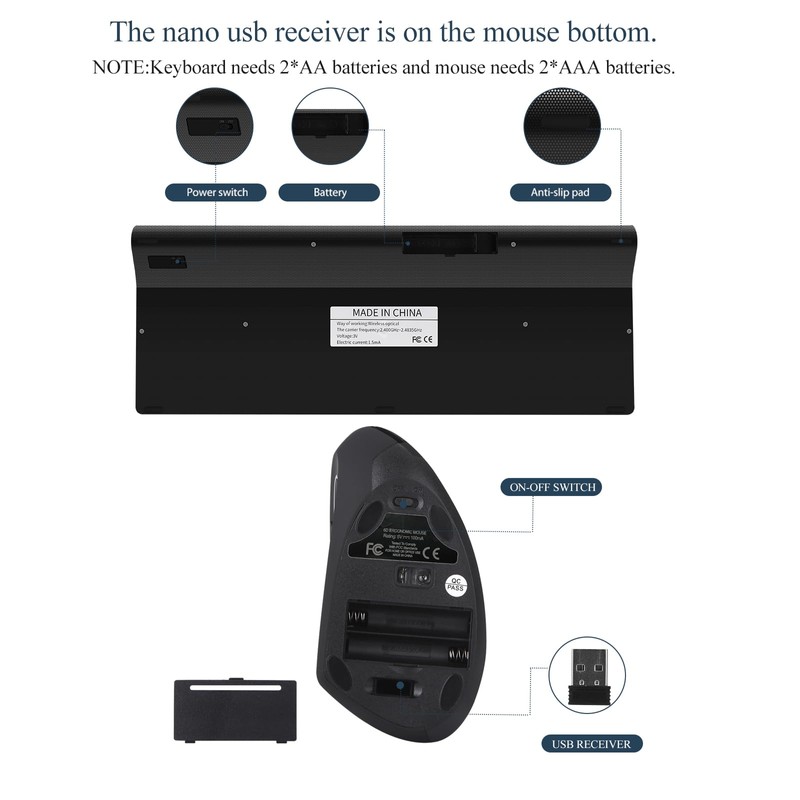 Fonicer Left Handed 2.4GHz Wireless Vertical Ergonomic Mouse and Keyboard