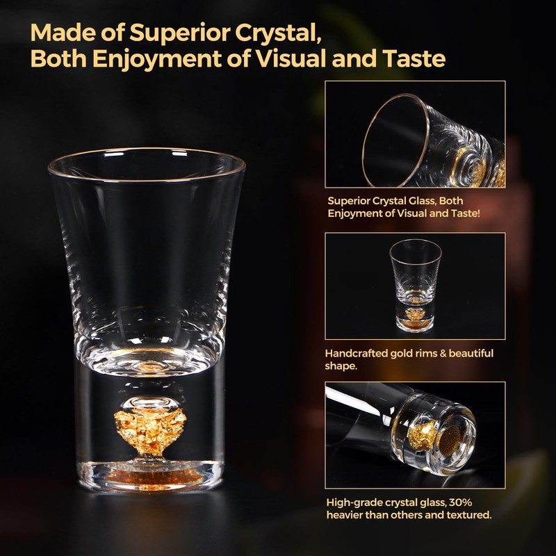 mwater Luxury Version Handmade Crystal 24K Gold Rimmed Shot Glasses,No