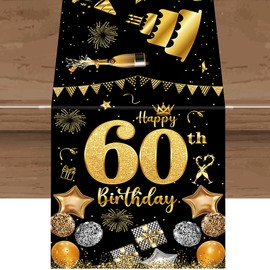 Happy 60th Birthday Decorations for Women Men,60th Birthday Party Supplies Black Gold Table Runner Vintage Party Table Decor Celebrate Anniversary Non-Slip Kitchen Dining Table Linen Cloth Decorations