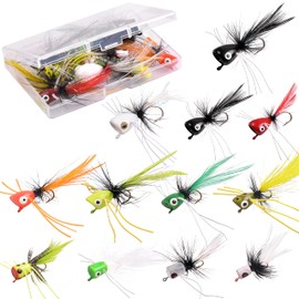 Dry Fly Fishing Popper Lure Kit, 12Pcs Fly Bug Lures Steelhead Flies Bass Bug Poppers Flies Trout Fly Fishing Flies Lure Assortment for Bass Panfish Bluegill Trout Salmon