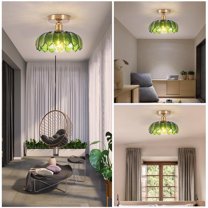 Dellemade Chandelier, Flush Mount Ceiling Light, Green Glass Shade Light