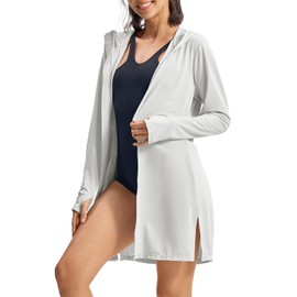 Rdruko Women's UPF 50+ Sun Protection Long Jacket Swim Cover Ups Lightweight Long Hooded Pool Cover Ups for Women Beach Swimwear（Light Grey，XX-Large）