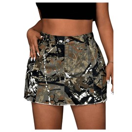 WDIRARA Women's Plus Size Y2K Mini Denim Skirt High Waist Bodycon Cargo Skirts with Flap Pocket Green and Black 3X-Large Plus