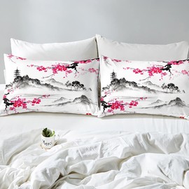 Japanese Style Cherry Blossom Duvet Cover Set, Watercolour Ink Painting Bedding Set 135 x 200 cm for Girls Women Teenagers Adults Decor Pink Flowers Landscape Bed Set with Zip