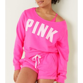Victoria's Secret Women's PINK Logo Raw Neck Crew Sweatshirt, Sweatshirt for Women, Pink, (XXL)