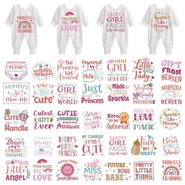 Baby Girl Iron on Transfers - 36 Pcs Pink DTF Transfers Stickers Patches Baby Bodysuit Making Ready to Press Iron on Patches Heat Decals for DIY T-Shirt Baby Onesie Decorating Kit Baby Shower