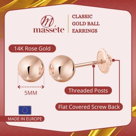 MASSETE 14k Rose Gold Ball Stud Earrings for Women and Girls Screwback Nickel Free 5mm