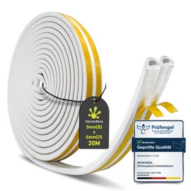 GeckoSeal Türdichtung Selbstklebend, 9mm(B) x 6mm(D) - 20M(5Mx4) Fensterdichtung Selbstklebend, Dichtungsband für Türen und Fenster, Typ D Dichtband, Geeignet für 3-6 mm Lücken