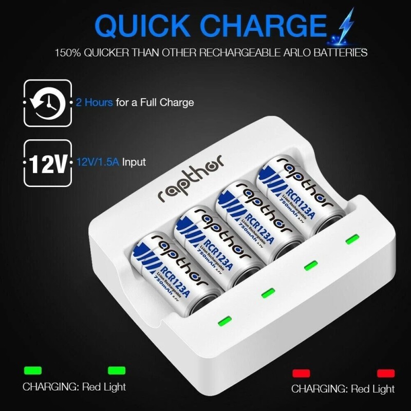 Rapthor RCR123A Rechargeable Batteries 750mAh 8 Pack with Charger
