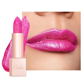 Oulac Lápiz labial Pink Shimmer para mujeres, acabado Infinity de alto brillo, color de labios hidratante infundido con aceite de rosa de Damasco para comodidad durante todo el día, belleza vegana sin