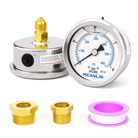 MEANLIN MEASURE 0-40bar/600PSI Stainless Steel 1/4" BSP 2.5" Face Dial Fluid Filled Pressure Gauge WOG Water Oil Air Back Panel Mounting, with 1/4" x 1/2" BSP and 1/4" x 3/8" BSP Hex Socket