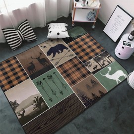 Cabin Deer Area Rugs,Rustic Hunting Camper Plaid Wild Bear Elk Forest Farmhouse Indoor Decor Non Slip Green Carpet Enterence Bedroom Study Kitchen 60x39 inch