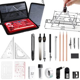 WOAZNSK Geometrico Juego de Compás,25 piezas Juego de Geometría Profesional,brújula de dibujo profesional de metal con barra de extensión,Adecuado para Arquitectos, Ingenieros y Estudiantes