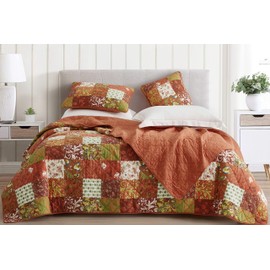 Chezmoi Collection Leilani 3-Piece Boho Washed Cotton Quilt Set Queen Size - Bohemian Quilted Bedding Orange Green White Floral Printed Patchwork Lightweight Bedspread Set for All Season
