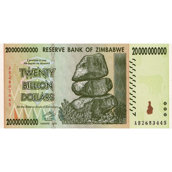 Zimbabwe 20 Billion Dollar Banknote Bill Money Inflation Record Currency Note, banconota da 20 milioni di dollari