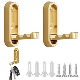 VEGCOO 2 Pack Hooks for Hanging, Zinc Alloy Foldable Wall Hook, Gold Heavy Duty Hanging Hooks, Durable Metal Hook for Home Bathroom Kitchen Clothes Towel Storage (mit Mounting Screws)