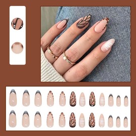 LINMEIZAI 24Pcs Press on Nails Short Almond Fake Nails Press ons Nail Tips Glue on Nails Full Cover Acrylic Nail Kit False Nails Stickers 3D Nail Art with Glitter Butterfly Design for Women Manicure