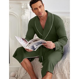 Ekouaer Mens Robes Lightweight Waffle Knit Kimono Bathrobe Long Sleeve Sleepwear Soft Knee Length Robe with Pockets