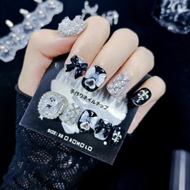 TRENTSNOOK 10 Pcs Handmade Mine Nail Tips, Reusable Black and White Nail Tips, Perfect for Dark Bear False Nails, Fireworks, Coming-of-age Ceremonies, Graduations, Gatherings, Karaoke (S)