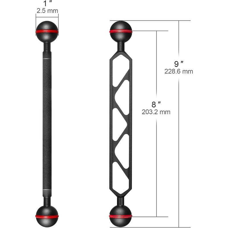 8" Double Ball Aluminum Extension Arm, 1" Ball Connector Underwater