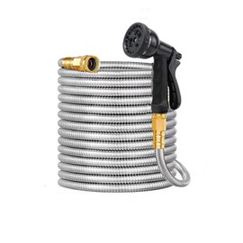 Garden Hose 75ft,304 Stainless Steel Metal Hose,5/8'' Leakpoof Brass Fittings,Flexible Lightweight Water Hose with 10 Pattern Spray (75FT)