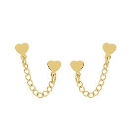 Cute Double Piercing Heart Love Stud With Short Chain Cuff Silver Black Plated Stainless Steel Earrings for Women Cartilage Two Holes Fashion Chic Minimalist Climber Crawler Threader Hypoallergenic Gifts Her Birthday Valentines Day Xmas (goldtone)