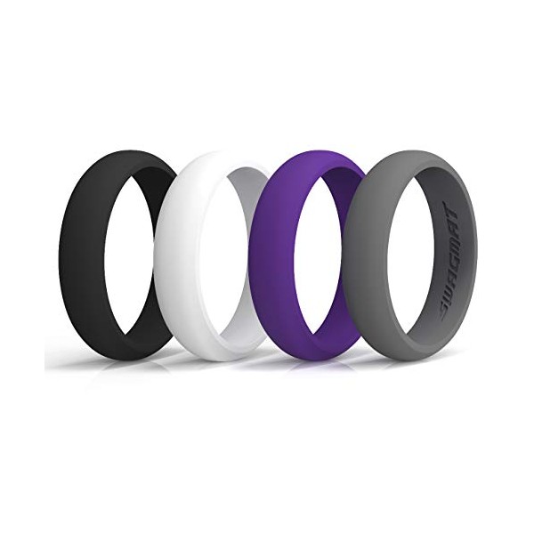 Swagmat Silicone Wedding Rings, 4 Pack Wedding Bands for Women (Black, Medium Gray, White, Purple, Size 11)