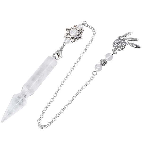 TUMBEELLUWA Crystal Point Pendulum for Divination Dowsing Faceted Stone Pendant Pendulum with Dream Catcher and Merkaba Star Chain, Rock Crystal