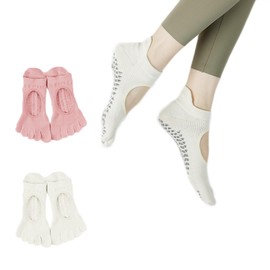 Niliv Women's Yoga Socks, 5 Toe Socks, 2 Pairs Set, Anti-Slip, Pilates, Yoga, Pilates Socks, multicolor (white / pink)